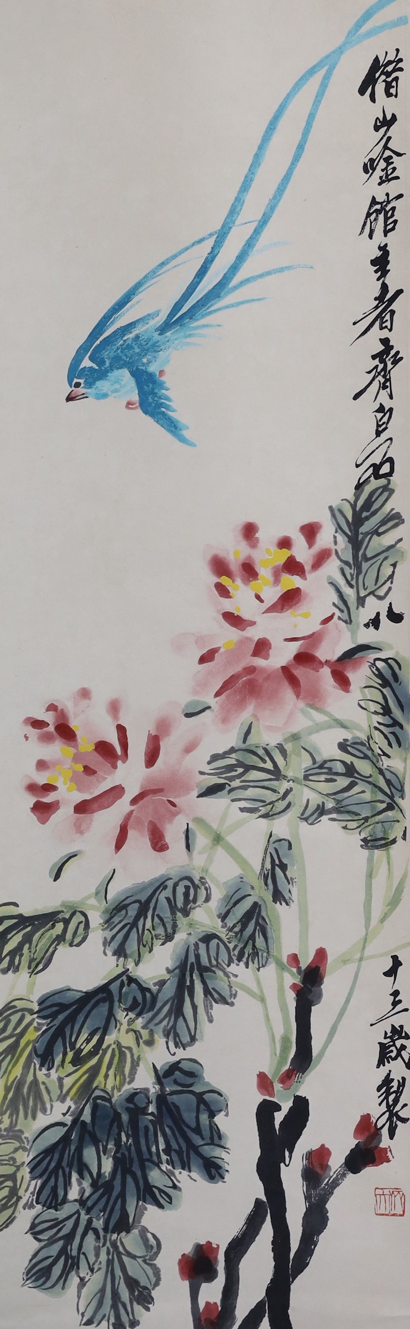 After Qi Baishi (1863-1957), Ribbon peonies, printed scroll, published by Tianjin Arts & Crafts Export Company, 1959, image 104cm x 33cm